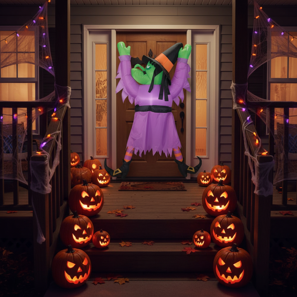 Halloween-themed decoration with a witch inflatable, pumpkins, and string lights on a house porch.