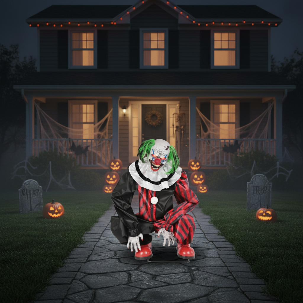 Animated Crouching Red Clown Prop - 20" Light-up Halloween Decoration