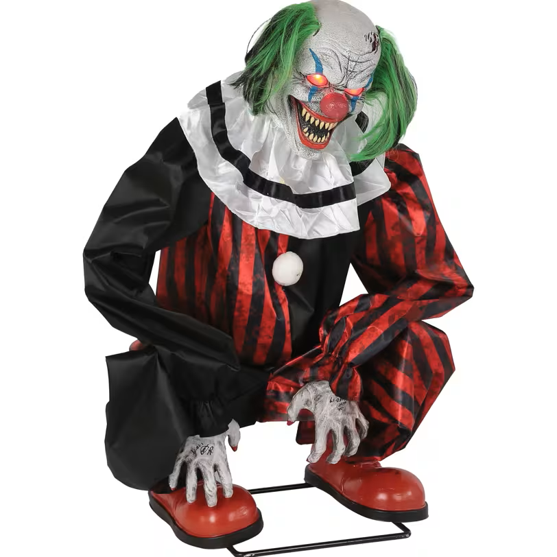 Animated Crouching Red Clown Prop - 20" Light-up Halloween Decoration
