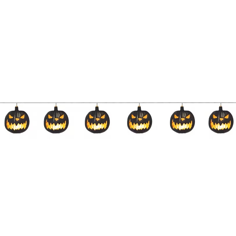 Light-Up Black Pumpkin Jack-o-Lantern Garland - 40"