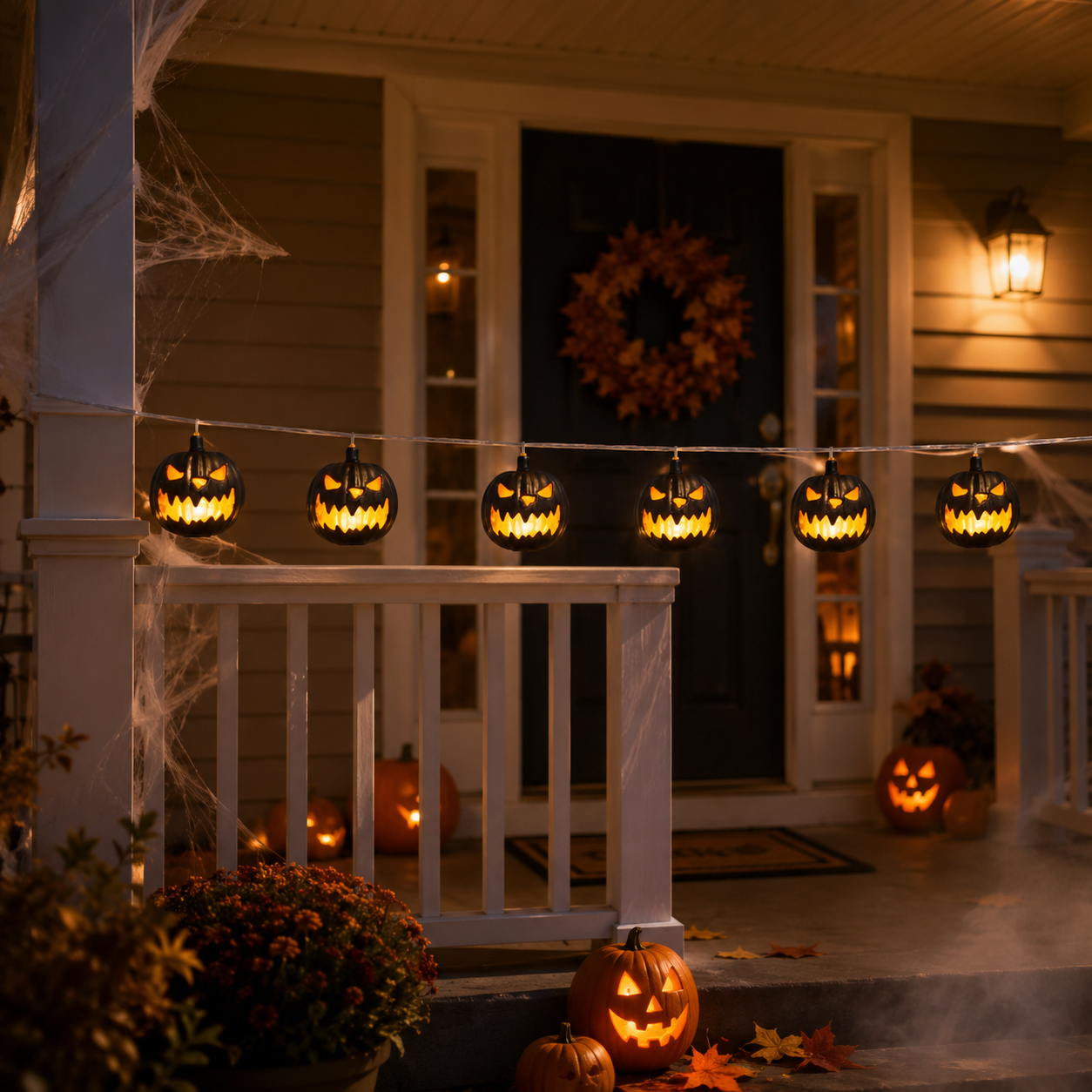 Light-Up Black Pumpkin Jack-o-Lantern Garland - 40"