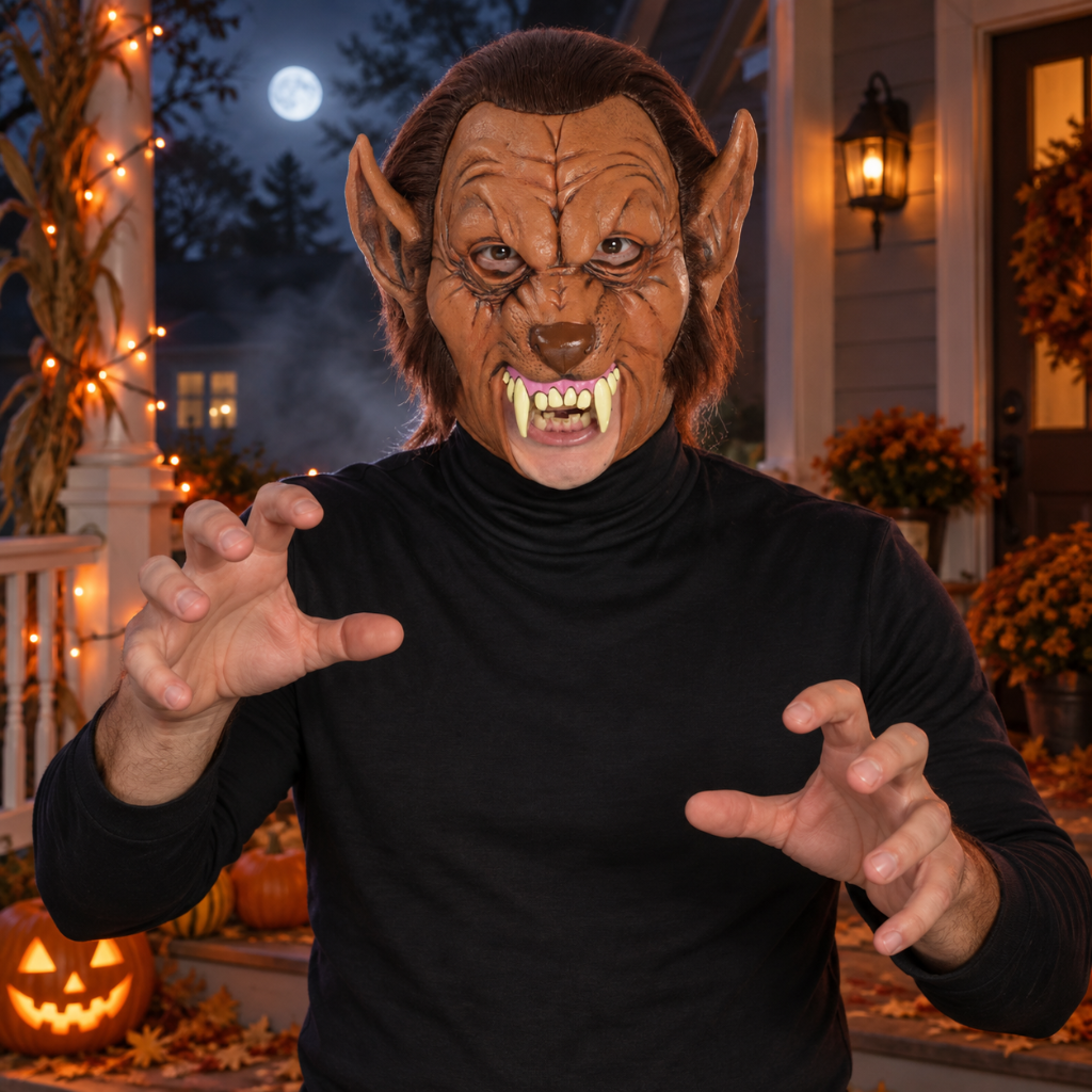 A person wearing a realistic brown werewolf mask with pointed ears, bared teeth, and a black turtleneck sweater, posed on a Halloween-themed porch with pumpkins, string lights, and autumn decor in the background.