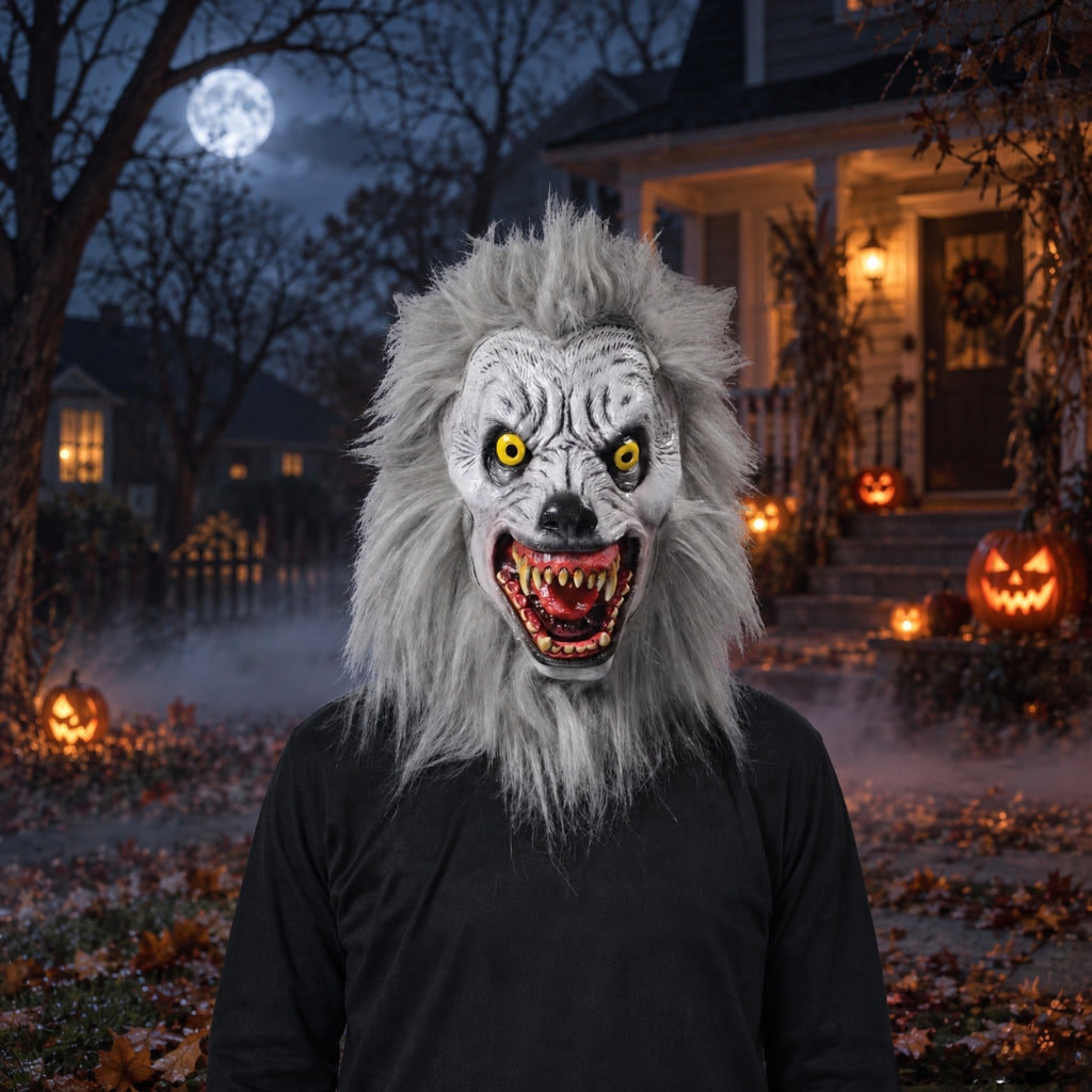 A person wearing a realistic furry werewolf mask with glowing yellow eyes and an open mouth showing sharp teeth, standing in front of a haunted house at night with pumpkins and fog.