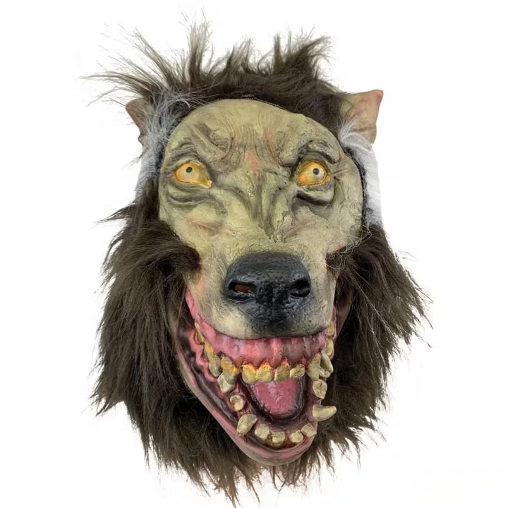 A realistic werewolf or wolf mask and wig shown in profile on a plain white background. The headpiece includes a pale greenish-beige skull-like face, brown and black shaggy faux fur, white hair-like strands, and a pink inner mouth and nose area.