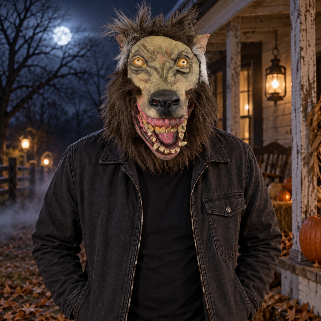 A person wearing a realistic snarling werewolf mask with a brown faux-fur mane, standing outdoors in front of a house porch at night. The person is also wearing a dark denim jacket over a black shirt.