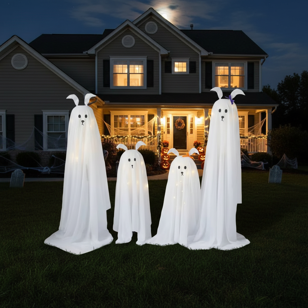 Light-Up Standing Ghostly Dogs Halloween Decoration Set - 3.5ft to 5ft, Set of 4