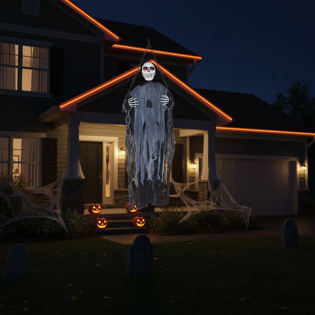 Animated Light-Up Hanging Ghost Skeleton in Chains - 5ft Halloween Decoration