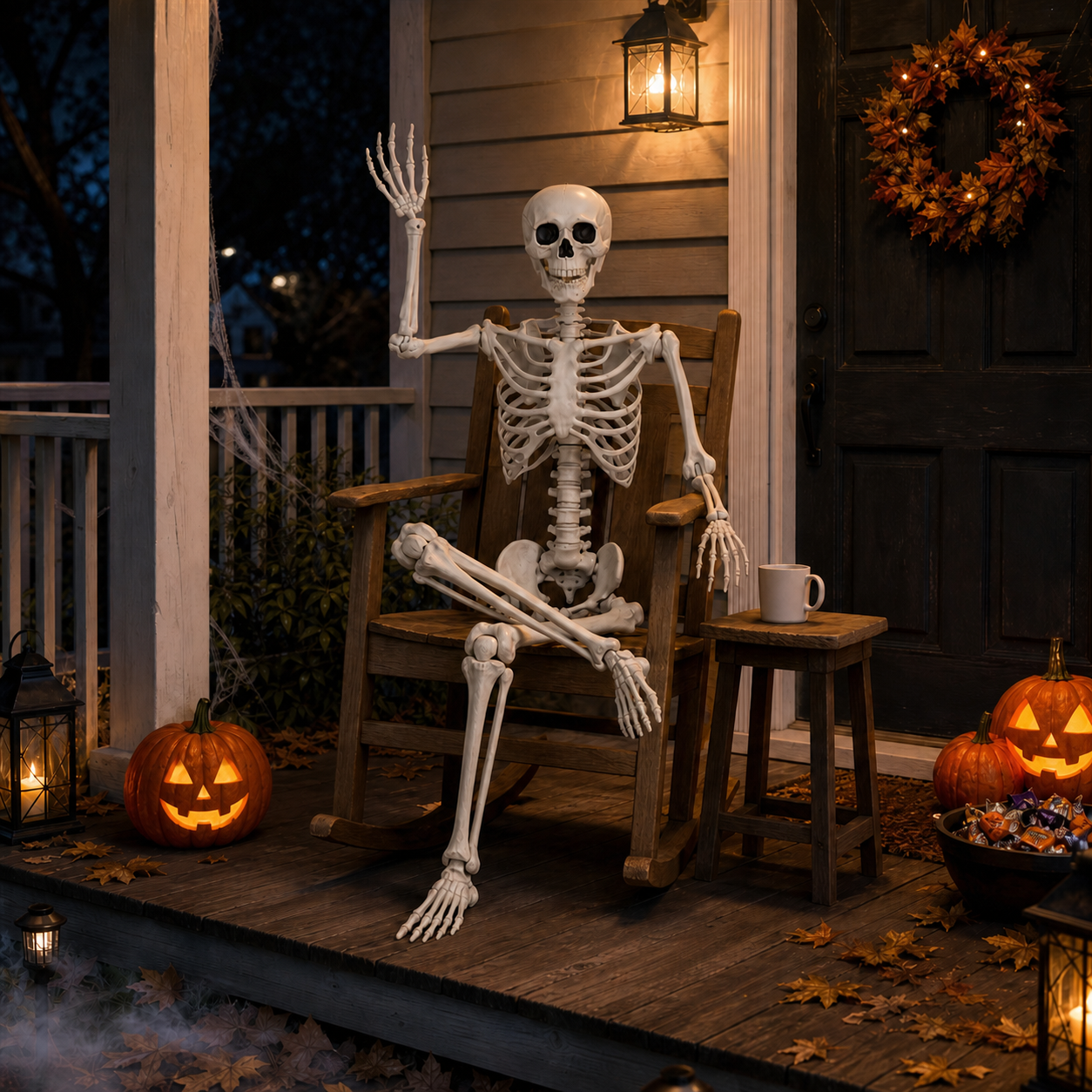 A life-size Halloween skeleton decoration sitting in a wooden rocking chair on a porch, with lit pumpkins, a small side table, a mug, and a wreath in the background.
