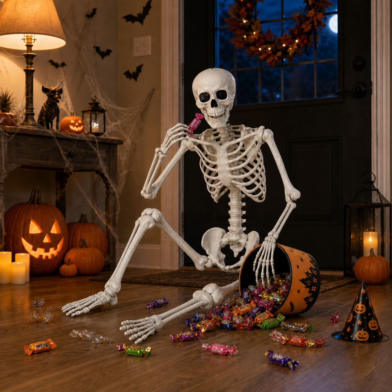 A life-size Halloween skeleton decoration sitting on a wooden floor in a decorated home entryway, holding a tipped-over candy bucket with colorful wrapped candy spilled out. Pumpkins, a lit lamp, lanterns, cobwebs, and a dark front door are visible in the background.