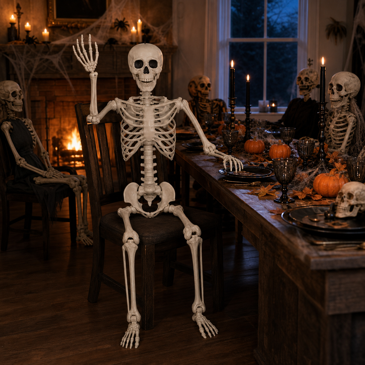 A large posed skeleton decoration seated on a chair at a Halloween dinner table, with additional skeleton props, candles, pumpkins, skulls, and a lit fireplace in a dimly lit room.