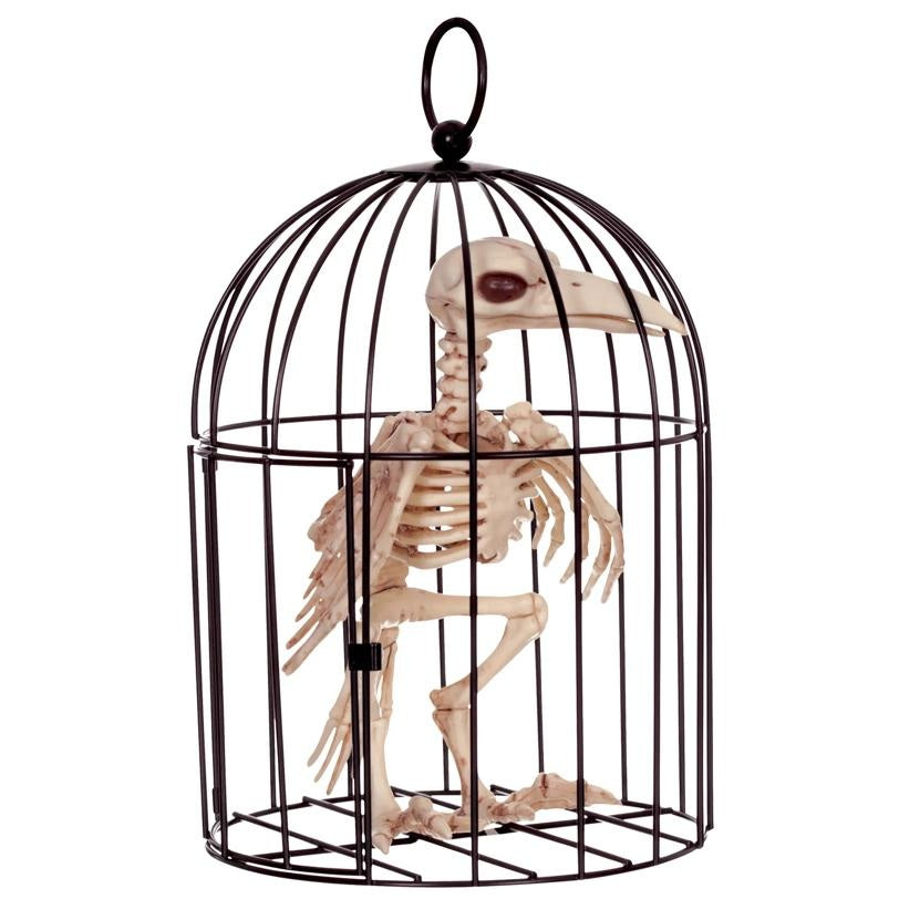 Skeleton Crow in a Cage Halloween Prop