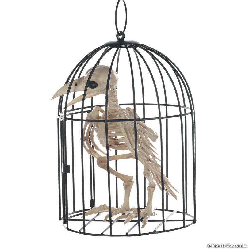 Skeleton Crow in a Cage Halloween Prop