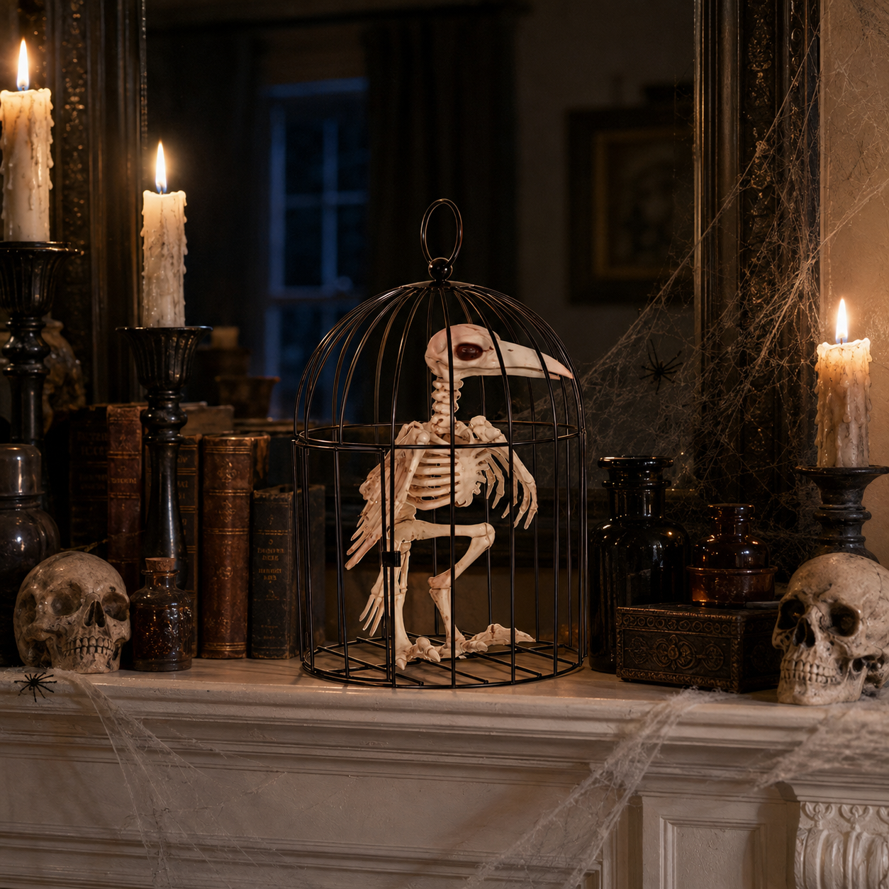 Skeleton Crow in a Cage Halloween Prop