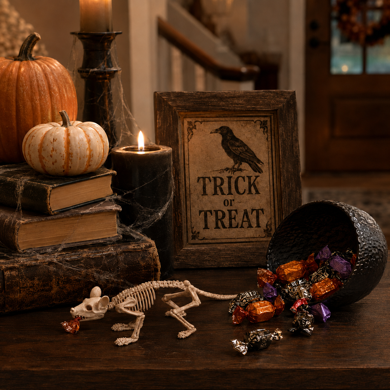 A framed 'Trick or Treat' sign with a raven illustration stands on a wooden table in a cozy Halloween setting, surrounded by stacked books, pumpkins, candles, a small skeleton rat decoration, and an overturned bowl of candy.