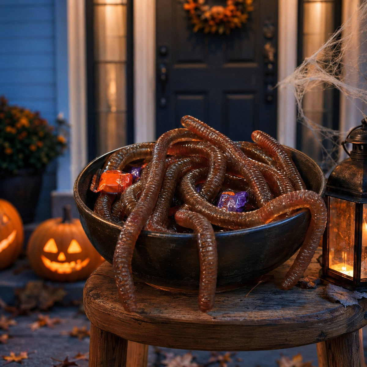 Halloween decoration prop of a black bowl filled with realistic brown plastic worms and candy, displayed on a rustic wooden stool in front of a decorated front door.
