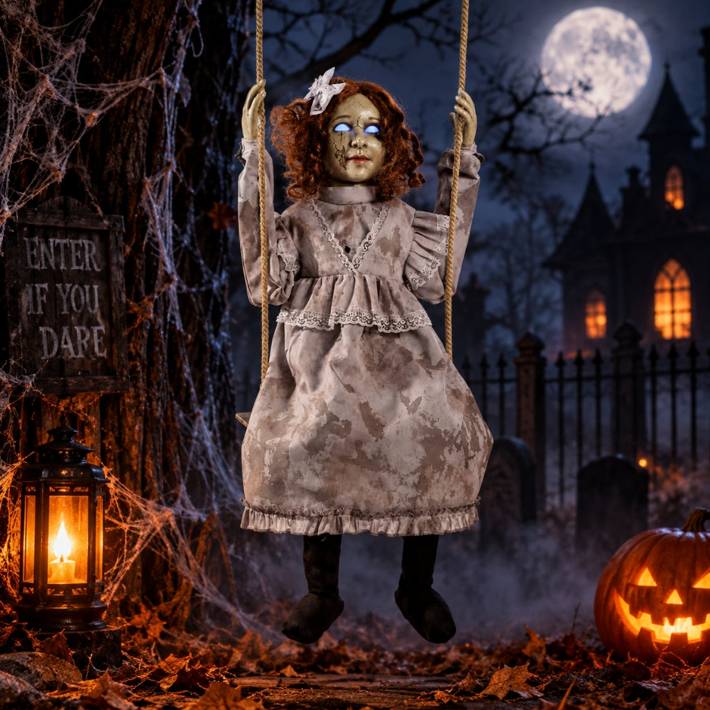 A creepy Halloween hanging doll with pale blue eyes, red curly hair, and a tattered beige dress suspended by ropes in a spooky graveyard scene with a full moon, haunted house, lantern, pumpkin, and tombstones.