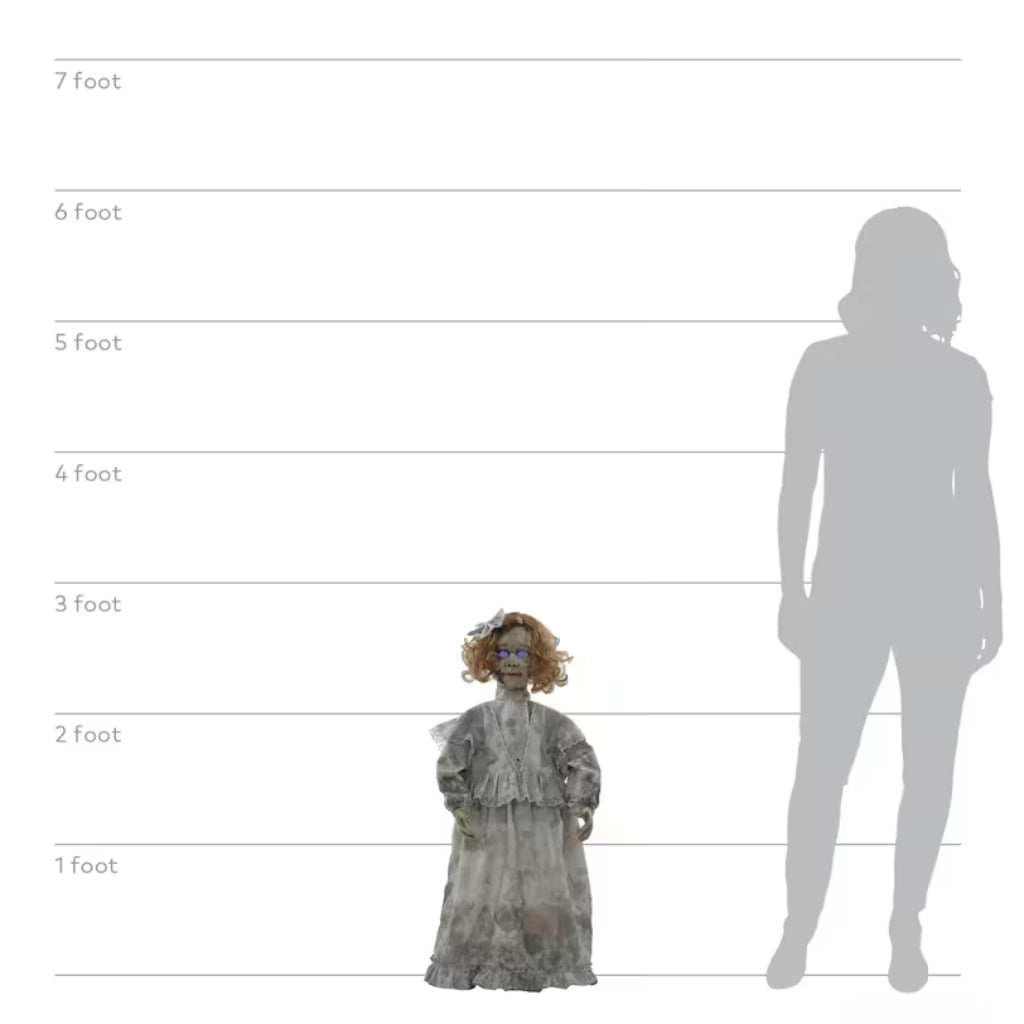 A small doll or figurine wearing a long gray dress stands in front of a white height chart with foot markings, next to a large gray human silhouette for scale.