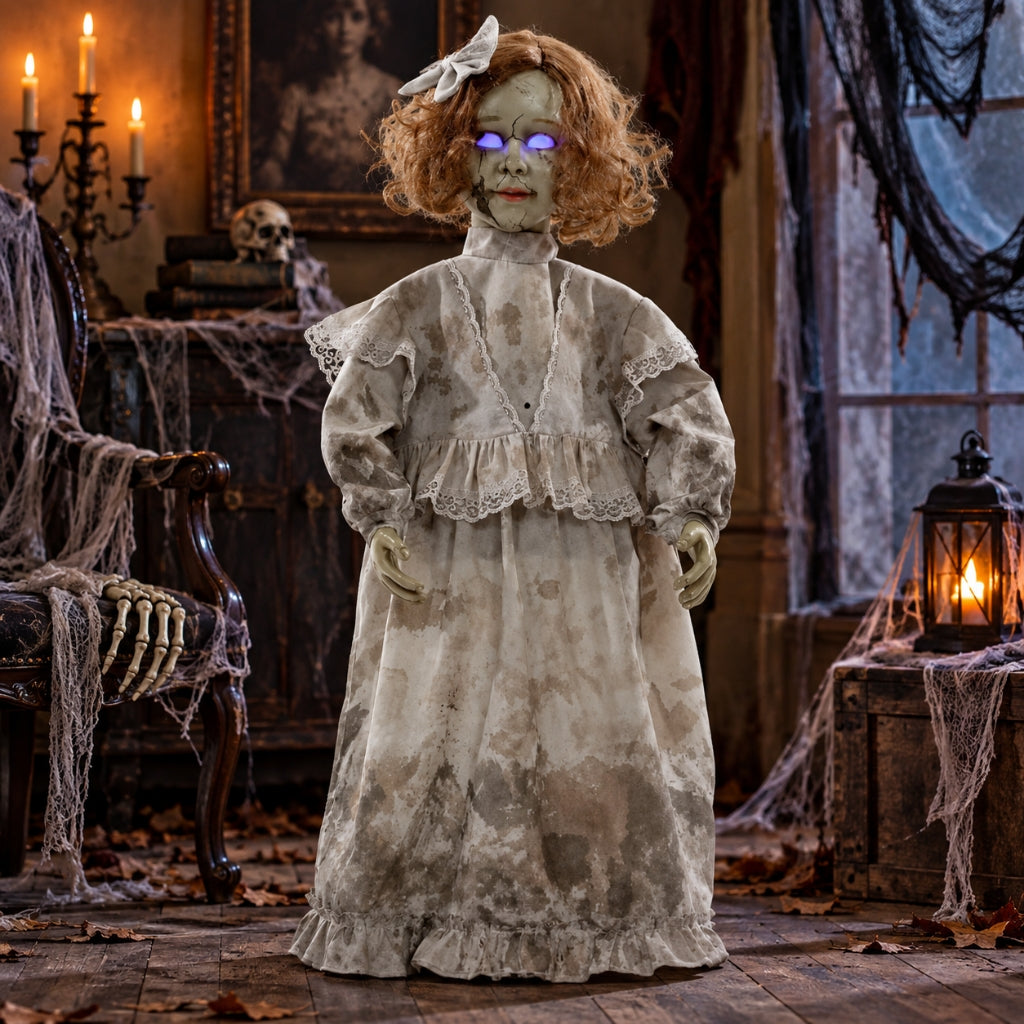 A creepy doll figure stands in a dark, Halloween-themed room. It has discolored skin, messy orange-brown hair, glowing purple eyes, and wears a tattered beige nightgown with lace trim.