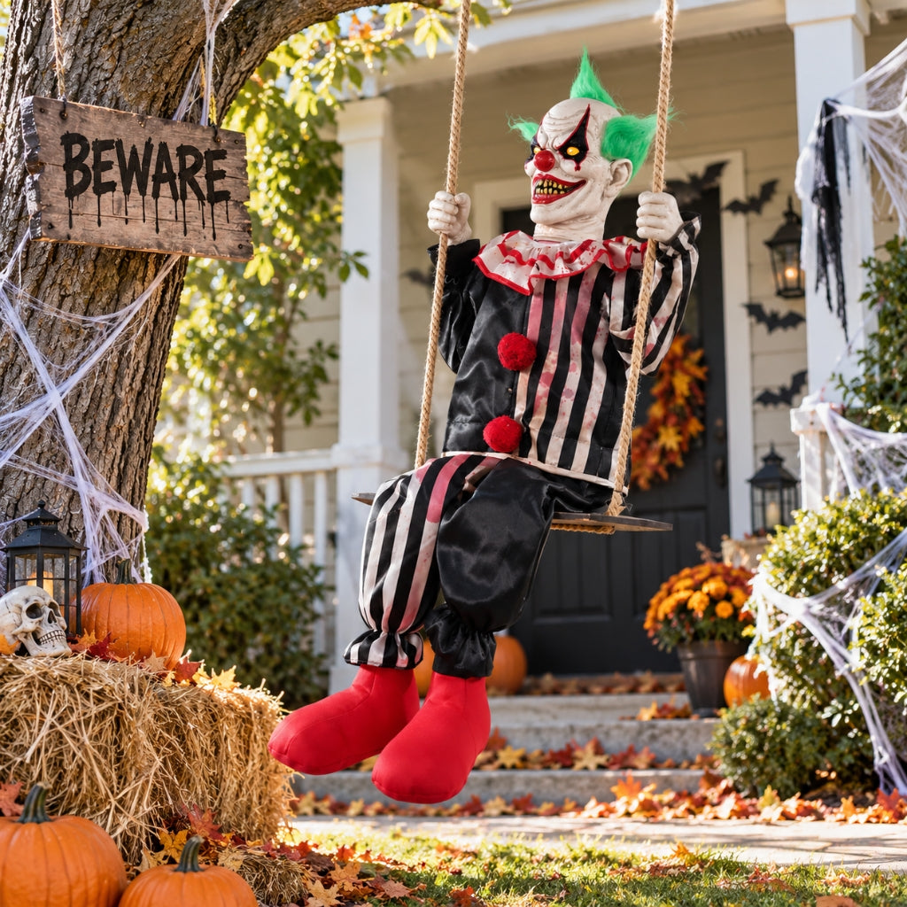 Animated Swinging Chuckles Clown with Light-Up Eyes and Sound