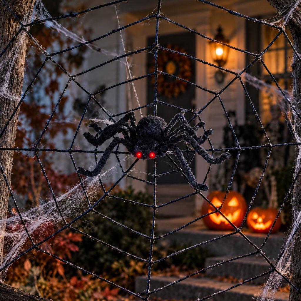 A black artificial spider decoration with glowing red eyes hangs in the center of a large Halloween web setup in front of a house porch at night, with lit jack-o'-lanterns visible in the background.