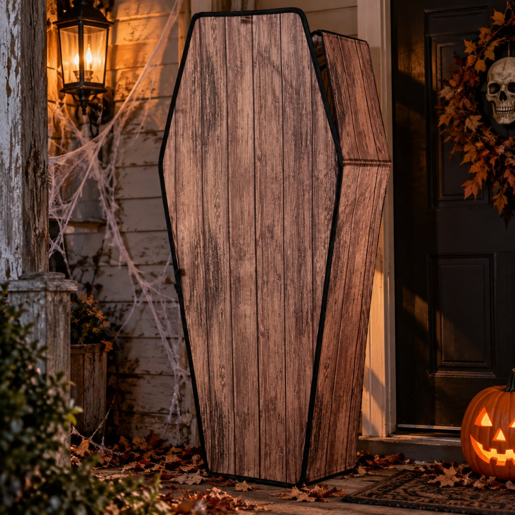 5ft Wooden-Look Brown Coffin with Lid Halloween Decoration