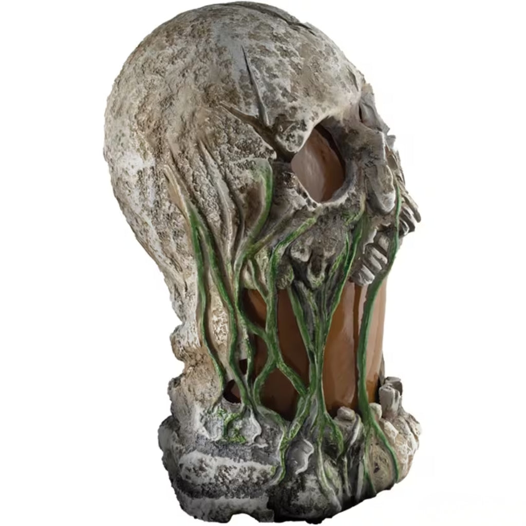 A skull-shaped decorative lamp with a textured gray and beige bone-like exterior and green vine-like details, shown against a plain white background.