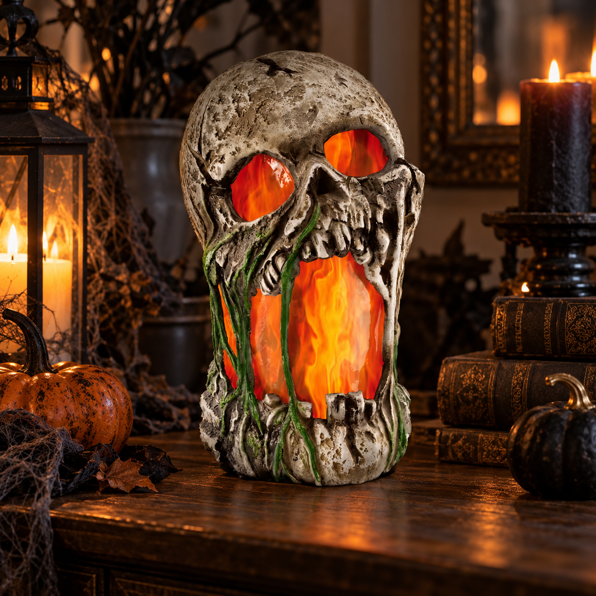 A spooky Halloween skull-shaped lantern with glowing orange flames inside, set on a wooden table surrounded by candles, pumpkins, and cobwebs in a dimly lit room.