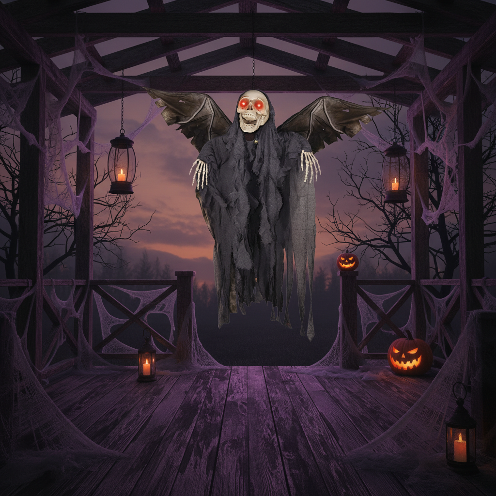 Halloween-themed scene with a ghostly figure, pumpkins, and lanterns on a wooden deck.