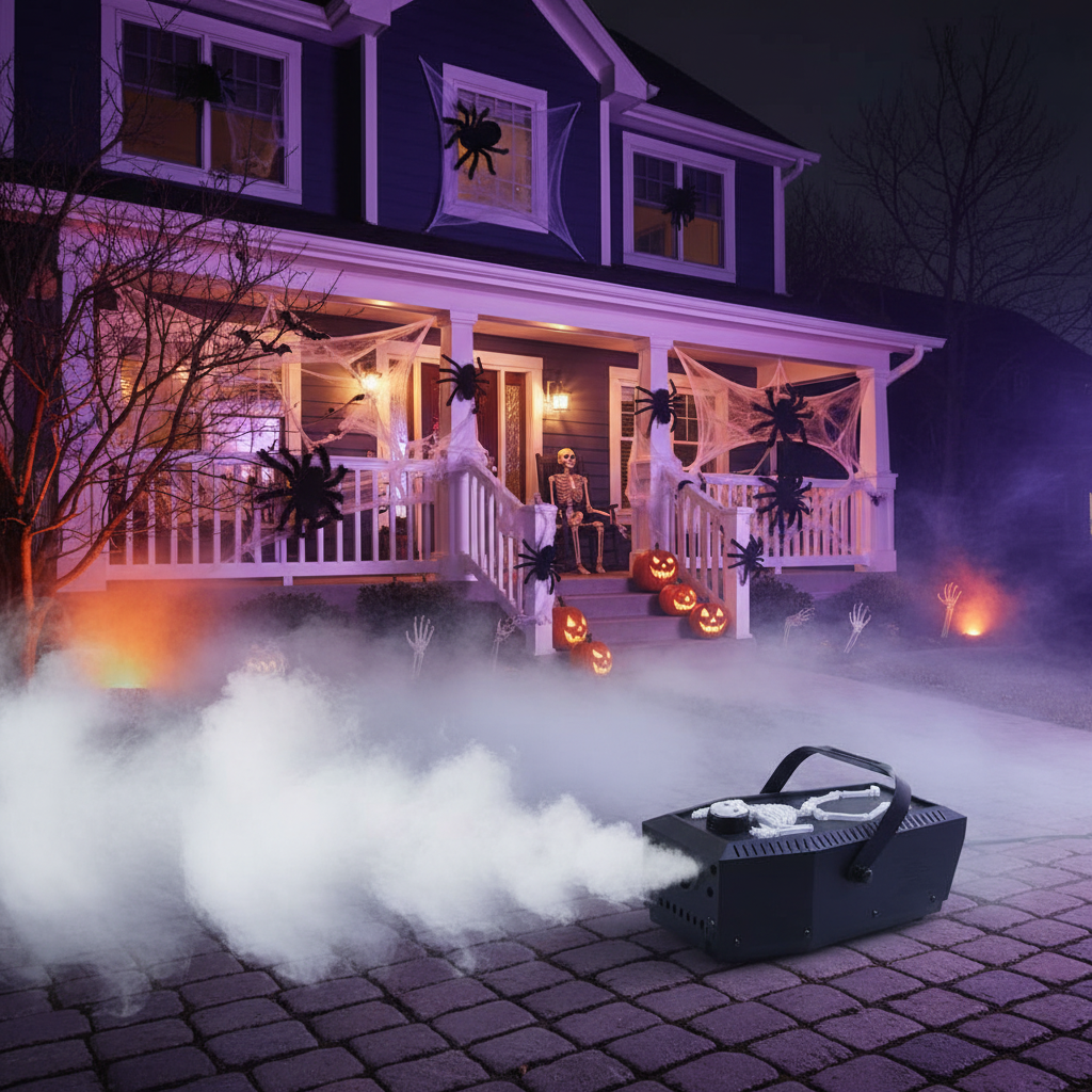 Halloween-themed house exterior with decorations and a smoke machine on a foggy night.